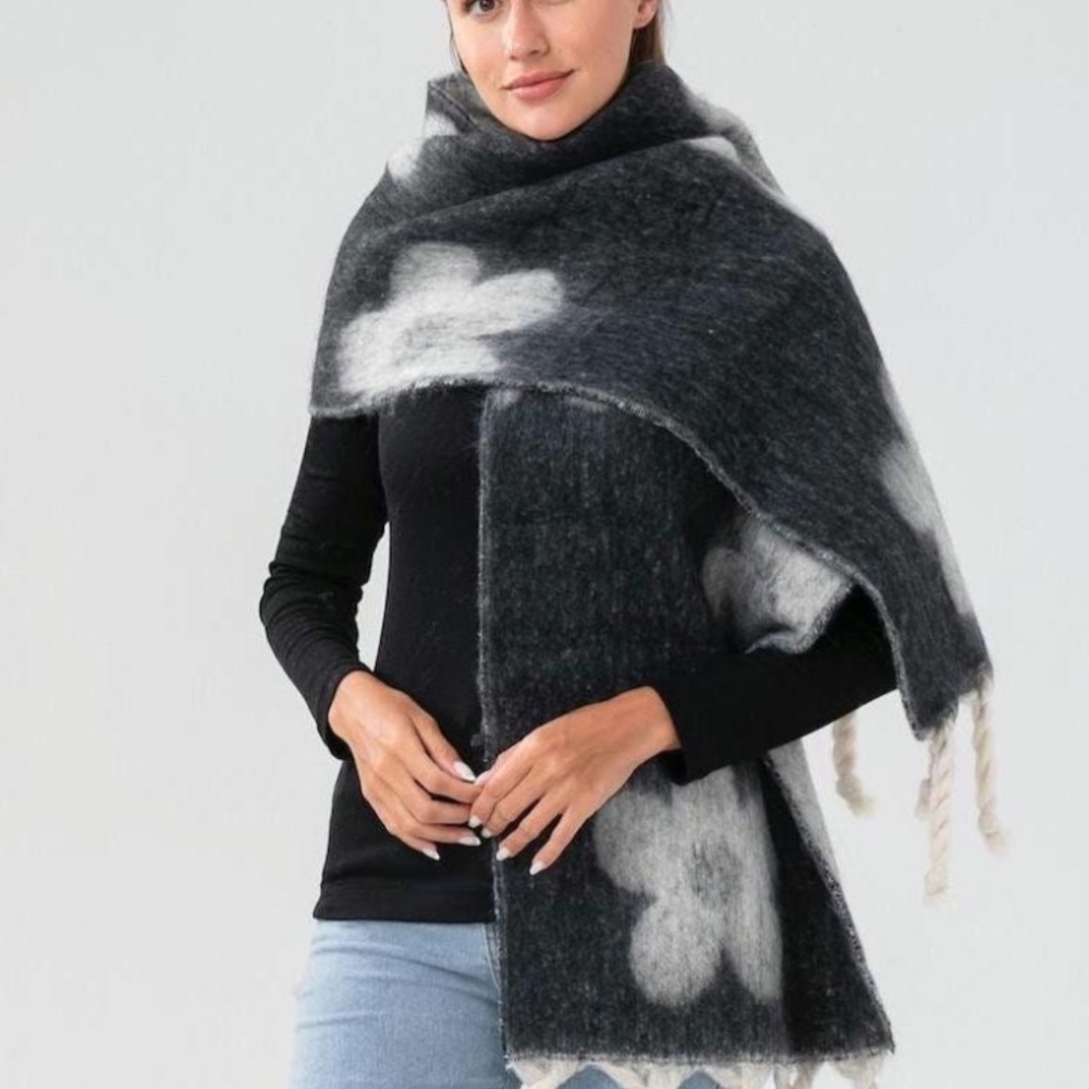 Brand NEW Cozy Charcoal and White Floral Scarf ( sealed in polybag)